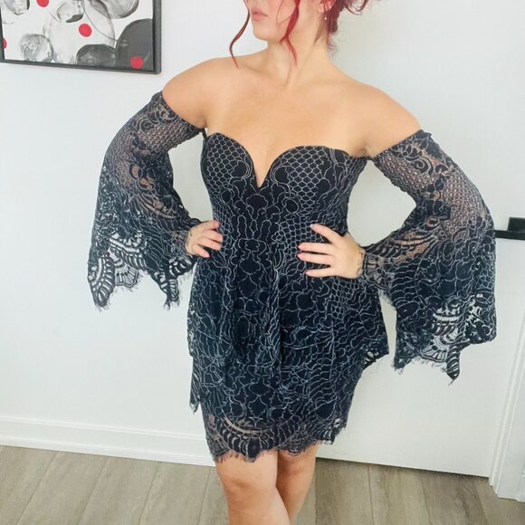 Shona Joy Eyelash Lace Off-The-Shoulder Handkerchief Dress - Picture 3 of 7